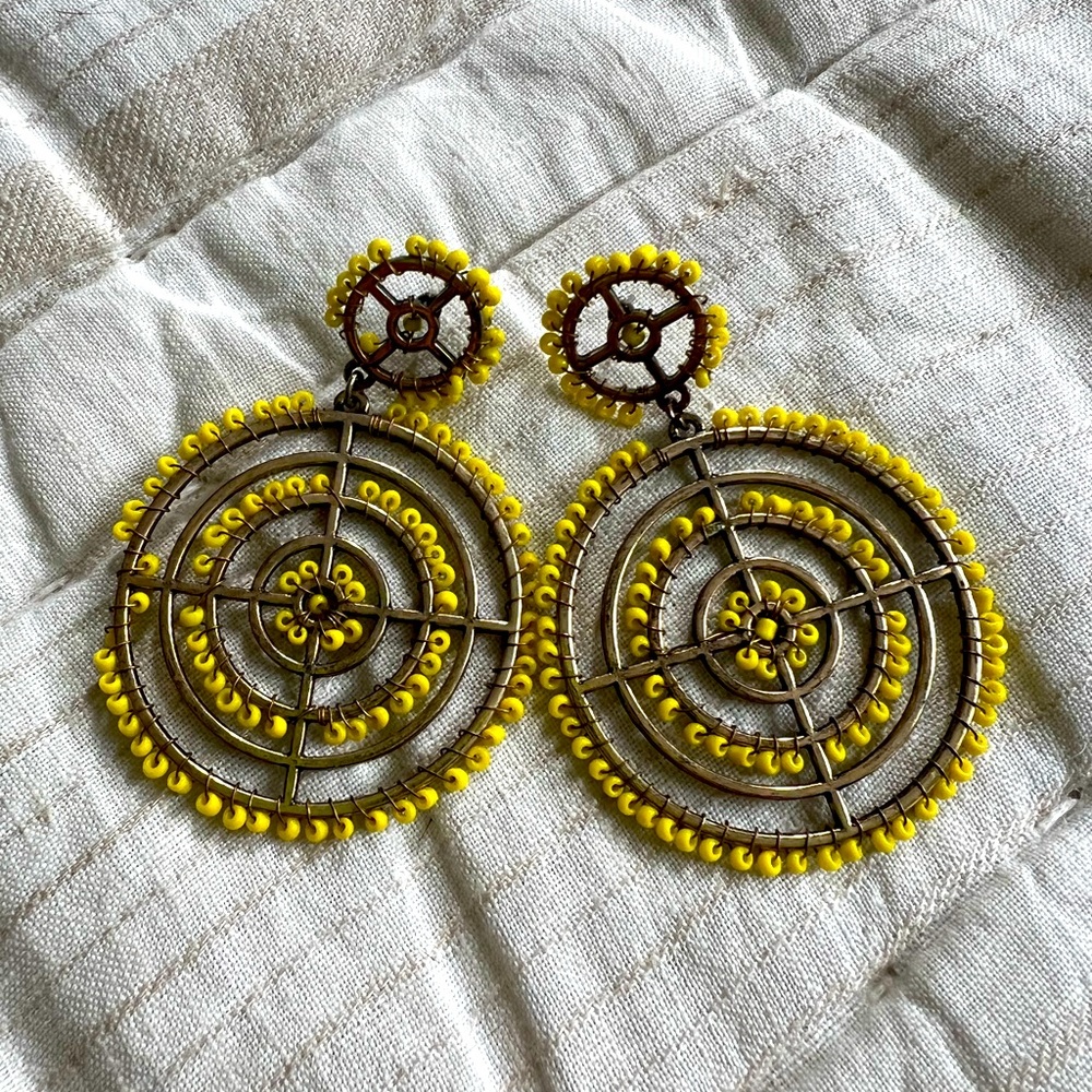 Free People Yellow Wire Wrapped Beaded Circle Drop Post Earrings